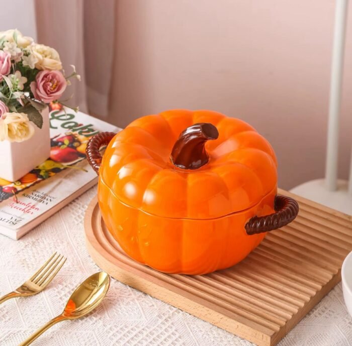 Ceramic Autumn Pumpkin shaped tableware 1,7 Ltr bowl with two handles - Image 3
