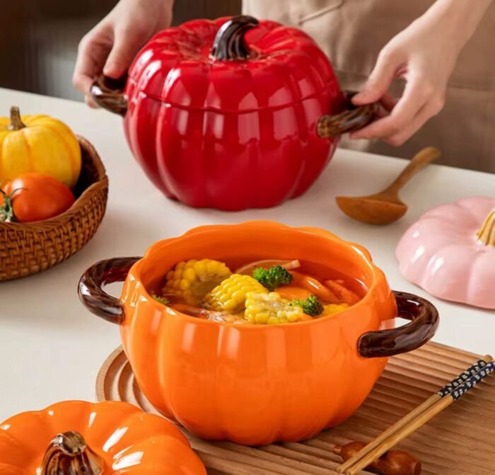 Ceramic Autumn Pumpkin shaped tableware 1,7 Ltr bowl with two handles - Image 6