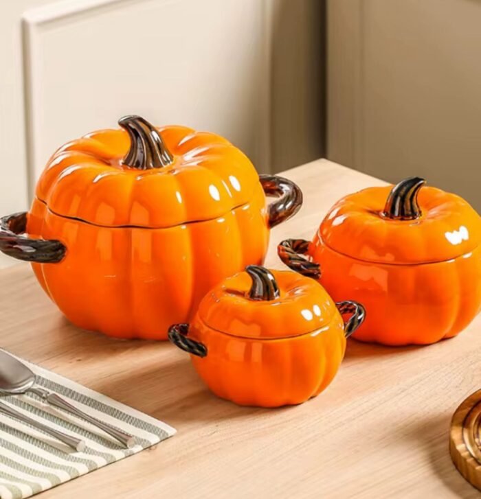 Ceramic Autumn Pumpkin shaped tableware 1,7 Ltr bowl with two handles - Image 1