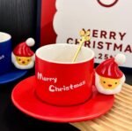 CHRISTMAS CERAMIC CUP SANTA HANDLE WITH SPOON AND PLATE IN A GIFT BOX