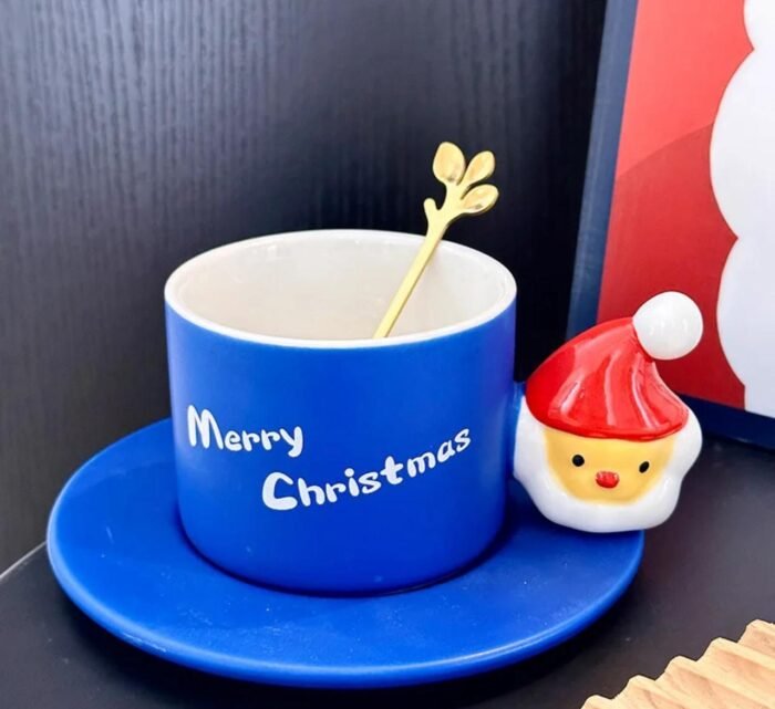CHRISTMAS CERAMIC CUP SANTA HANDLE WITH SPOON AND PLATE IN A GIFT BOX - Image 3