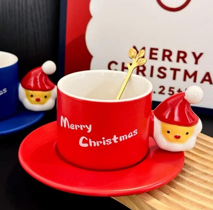 CHRISTMAS CERAMIC CUP SANTA HANDLE WITH SPOON AND PLATE IN A GIFT BOX - Image 1