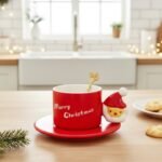 CHRISTMAS CERAMIC MUG SANTA HANDLE WITH SPOON AND PLATE IN A GIFT BOX