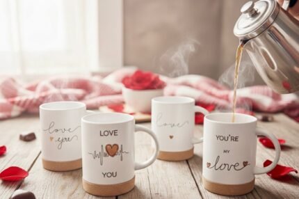 LOVE MUGS SET OF 4 WITH BUILT-IN COASTER