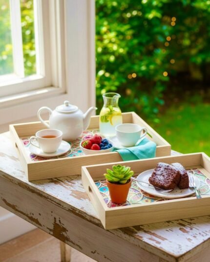 MOSAIC BLOOM WOODEN TRAY SET (39.5 X 29.5 CM) & (34 X 24 CM)