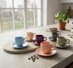 SET OF SIX COLORFUL COFFEE CUPS WITH PLATES - Image 2