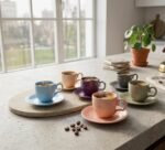 SET OF SIX COLORFUL COFFEE CUPS WITH PLATES
