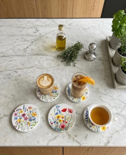 FLOWERS ROUND CERAMIC COASTERS SET OF SIX - 11 CM
