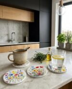 FLOWERS ROUND CERAMIC COASTERS SET OF SIX - 11 CM - Image 2