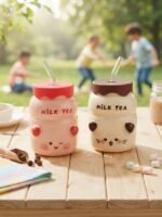 MILK TEA CERAMIC CUP WITH RUBBER LID & GLASS STRAW 300 ML