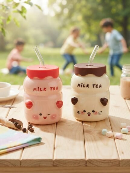 MILK TEA CERAMIC CUP WITH RUBBER LID & GLASS STRAW 300 ML