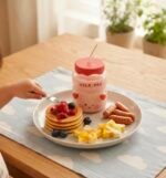 MILK TEA CERAMIC CUP WITH RUBBER LID & GLASS STRAW 300 ML - Image 2