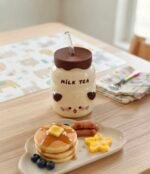 MILK TEA CERAMIC CUP WITH RUBBER LID & GLASS STRAW 300 ML - Image 3