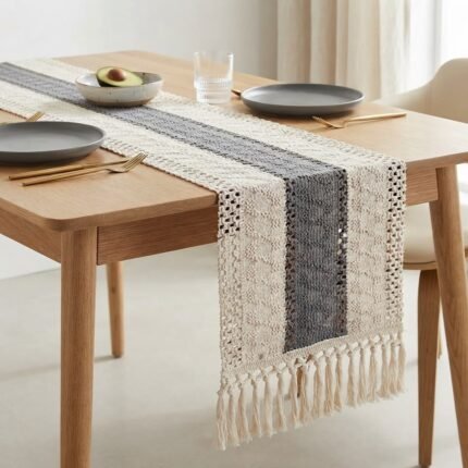 GREY AND OFF WHITE TABLE RUNNER 30 CM X 200 CM