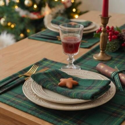 GREEN CHECKERED CHRISTMAS NAPKINS/ PLACEMATS set of 4 (40 cm x 40 cm)
