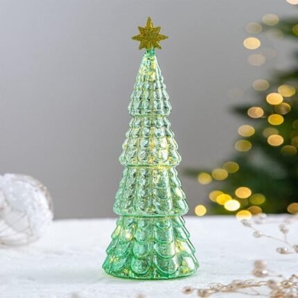 GREEN GLASS CHRISTMAS TREE WITH LIGHT 25 CM X 9 CM