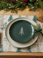 GREEN GLOSSY PLATE WITH WHITE TREE SET OF 6 (21 CM) AND 6 BIG OFF WHITE PLATES 27 CM
