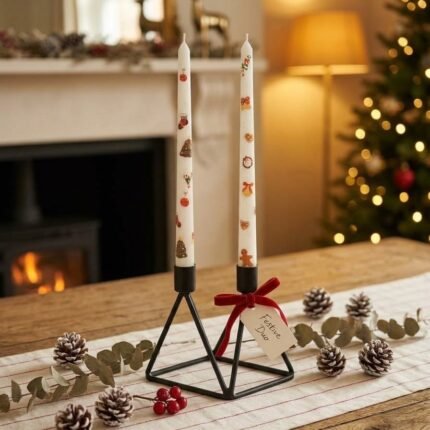 DESIGNED CHRISTMAS CANDLES WHITE SET OF 2