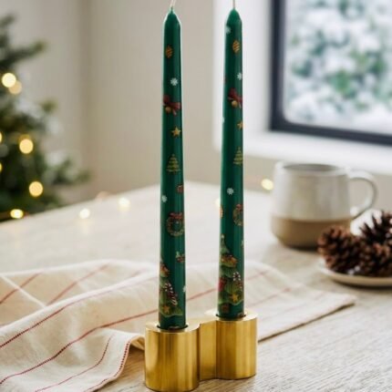 DESIGNED CHRISTMAS CANDLES GREEN SET OF 2