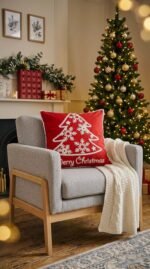 EMBROIDERED RED PILLOW WITH WHITE CHRISTMAS TREE 45X45 CM - Image 2