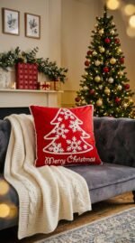 EMBROIDERED RED PILLOW WITH WHITE CHRISTMAS TREE 45X45 CM