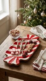 RED AND WHITE WRAPPED CANDY WOODEN SERVING DISH - Image 2