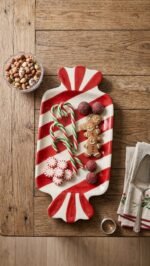 RED AND WHITE WRAPPED CANDY WOODEN SERVING DISH