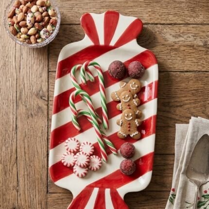RED AND WHITE WRAPPED CANDY WOODEN SERVING DISH